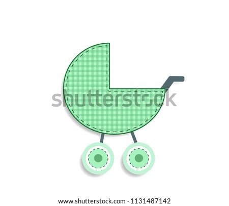 Cute green checkered baby stroller illustretion for baby shower greeting card or any kids design. Cut out fabric or paper chequered buggy icon isolated on white background.