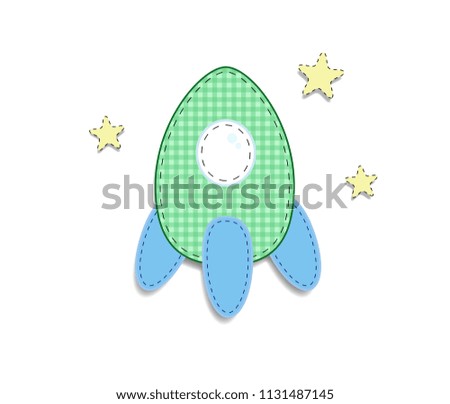 Cute green checkered rocket among stars illustretion for baby shower greeting card or any childs design. Cut out fabric or paper chequered flying rocket icon isolated on white background.
