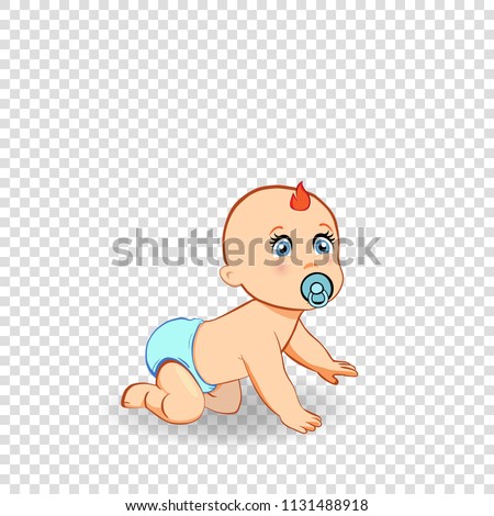 Vector cartoon illustration of cute crawling baby boy in blue diaper with dummy. Small redhead child crawls on all fours knees, clip art of full-length kid character isolated on transparent background