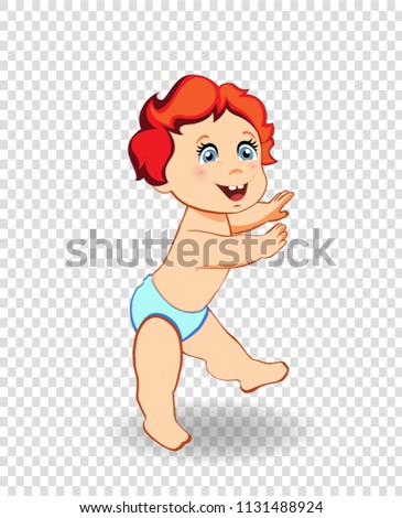 Vector cartoon illustration of cute baby boy in blue diaper trying to walk . Small redheaded child making first steps, clip art of full-length kid character isolated on transparent background
