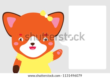 Cute fox girl in cartoon style. Fox points with her paw at dialog box where you can place your text. Use as note page in notebook in developing book dialog box banner sticker Vector isolated Hand draw