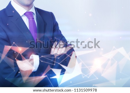 double exposure with successful businessman crossing hands and abstract geometric illustration