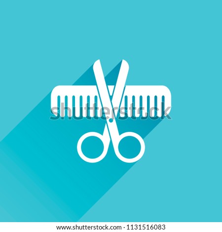 Scissors and hair brush. Crossed tools of barber. Gray icon with long shadow in bottom left corner on blue background
