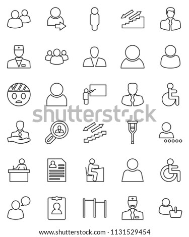 thin line vector icon set - blackboard vector, student, manager, man, personal information, horizontal bar, stairways run, client, speaking, group, disabled, doctor, crutches, head bandage, user