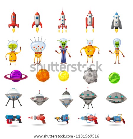 Super set of space, planets, ufo, rockets, aliens, blasters, for games, applications, advertisements, posters, animation, vector, isolated, cartoon style, white background