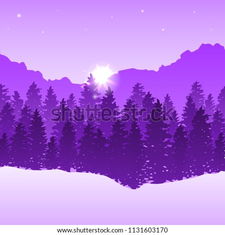 Ultraviolet landscape with forest, mountains and sunset.