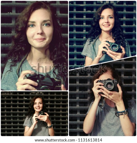 Collage girl posing with vintrage film camera