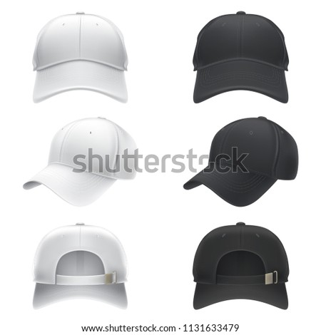  realistic illustration of a white and black textile baseball cap front, back and side view, isolated on white. Print, template, moc up, design element