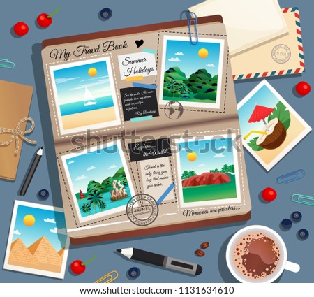 Travel memories abstract background with photographs photo album postal envelope and cup of coffee cartoon vector illustration 