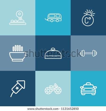 Modern, simple vector icon set on colorful blue backgrounds with transport, suitcase, festival, luggage, taxi, event, web, dish, city, fitness, white, soup, vehicle, car, hot, bag, sport, dinner icons