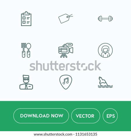 Modern, simple vector icon set on white background with restaurant, white, camera, sale, price, account, form, user, fitness, checklist, sport, lady, tripod, kitchen, young, music, girl, liquid icons