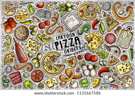 Colorful vector hand drawn doodle cartoon set of Pizza theme items, objects and symbols