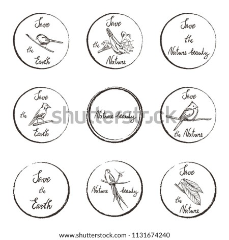 Vector imprint design elements. Sketched hand drawn birds set. Stamps with text.