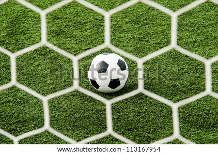 Soccer football in net with green grass field.