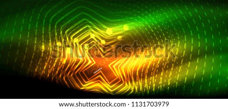Neon glowing wave, magic energy and light motion background. Vector wallpaper template, hi-tech future concept