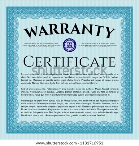 Light blue Vintage Warranty Certificate template. Customizable, Easy to edit and change colors. Complex background. Money style design. 