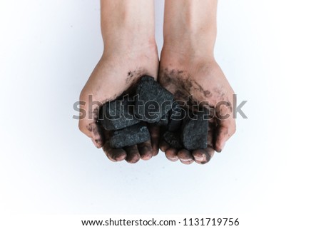 Coal mining: coal miner in hands. The idea of the picture is to extract a mineral or energy source that protects the environment. Industrial coals. Volcanic rocks. Isolated over white background