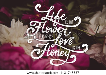 Vintage hand drawn lettering on the background with photo with flower. Inspirational quote about life and love