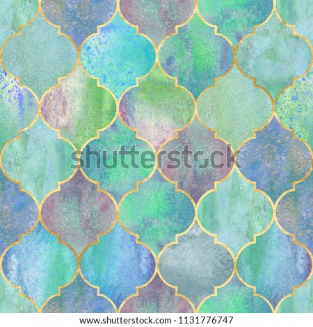 Vintage decorative moroccan seamless pattern with golden line. Watercolor hand drawn teal blue purple green stained-glass window design. Watercolour elements. Print for textile wallpaper wrapping