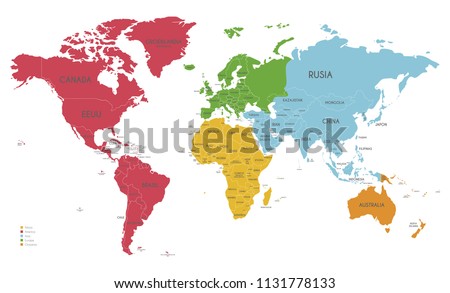 Political World Map vector illustration with different colors for each continent and isolated on white background  with country names in spanish. Editable and clearly labeled layers.
