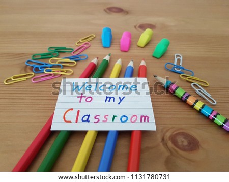 Welcome to my classroom sign, First day of school, Kindergarten, Elementary school, School supplies, Grade school teacher, Colored pencils with paper clips and erasers