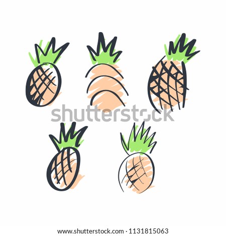 Vector hand drawn pineapple with white background. Exotic tropical fruit. Sketch. Pop art. Perfect for invitations, greeting cards, posters.