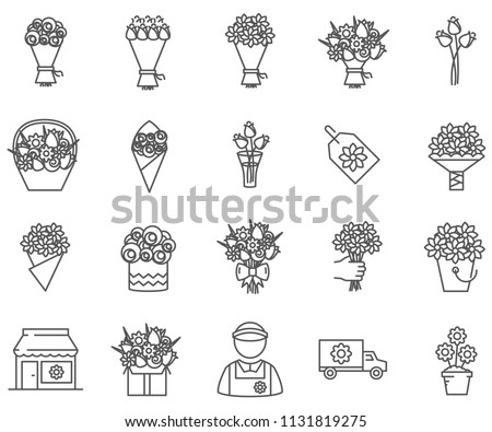 Set of bouquet Related Vector Line Icons. Includes such Icons as flowers, roses, delivery, present and more. Royalty-Free Stock Photo #1131819275