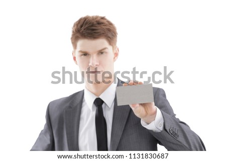 young businessman showing blank business card.isolated on a white