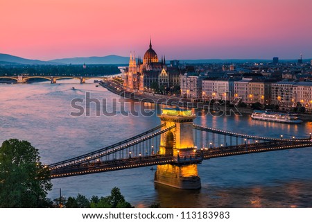 Panorama of Budapest, Hungary, with the Chain Bridge and the Parliament Royalty-Free Stock Photo #113183983