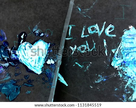Blue pencil drawing paints on the theme of love, romance. Inscription I love you. Heart with spray lines. Gray background.