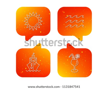 Cruise, waves and cocktail icons. Sun linear sign. Orange Speech bubbles with icons set. Soft color gradient chat symbols. Vector