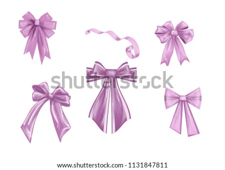 set of pink bows  and ribbon isolated on white