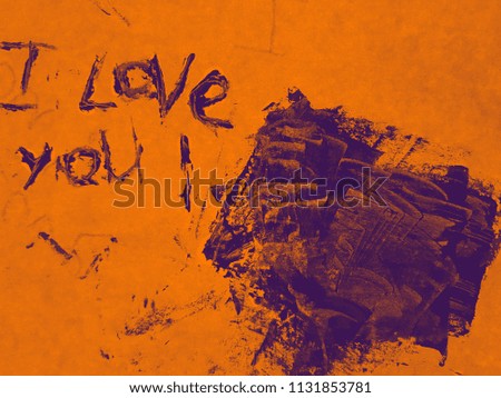 Orange, purple pencil drawing paints on the theme of love, romance. Inscription I love you. Heart with spray lines. Orange background.