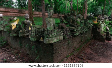 Buddha statue with green moss of the rainy season