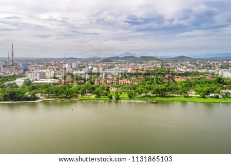 Aerial view of Hue city, Vietnam. Beauty Huong river in Hue City, Vietnam. People's Committee of Hue
