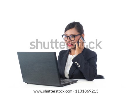 Business woman looking at the phone, analyzing the white background.