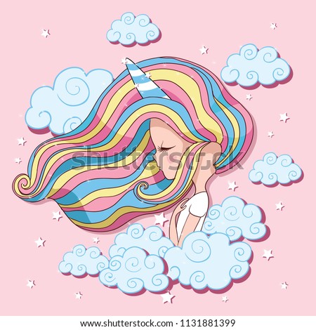 Cute unicorn girl on the clouds seamless texture, textile graphic t-shirt print, vector illustration design.
