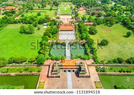 Aerial view of Entrance to the Hue Citadel in Vietnam. Imperial Palace moat,Emperor palace complex, Hue Province, Vietnam