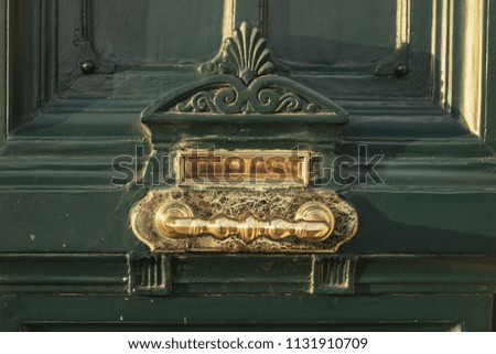 Vintage retro wooden door with decor and golden handle. Shallow focus. Flat view. 