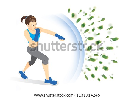 Healthy woman reflect bacteria attack with punching. Concept illustration about boost Immunity with Exercise.
 Royalty-Free Stock Photo #1131914246