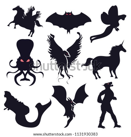 Fantastic black silhouette beasts creatures. Set of mythical,mythological creatures,animals.Flat cartoon vector illustration on white. Vampire,unicorn,phoenix,dragon,werewolf,kraken,chimera,mermaid
