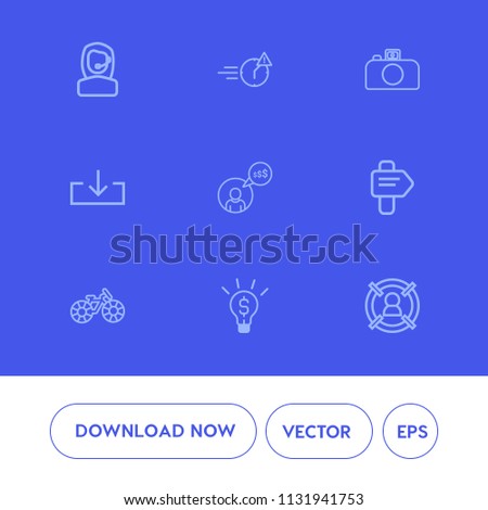 Modern, simple vector icon set on blue background with center, marketing, freelancer, support, people, job, website, headset, wheel, service, target, night, work, transportation, photo, office icons