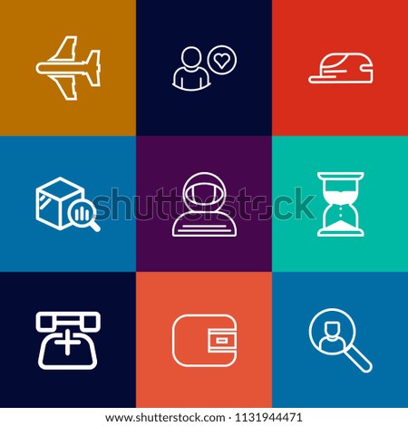 Modern, simple vector icon set on colorful flat backgrounds with plane, time, aircraft, transportation, hour, aviation, space, business, cosmonaut, trend, fly, telephone, travel, clock, cash icons