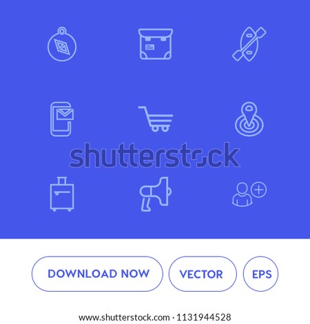 Modern, simple vector icon set on blue background with loudspeaker, suitcase, water, speaker, user, person, megaphone, cycle, east, west, radius, shop, boat, travel, sign, pass, people, pretty icons