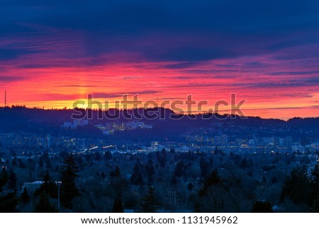 Sunset over Marquam Hill in Portland Oregon