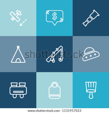 Modern, simple vector icon set on colorful blue backgrounds with air, sport, reel, fashion, leather, style, vision, telescope, glasses, aircraft, paint, camp, flight, paintbrush, template, tent icons