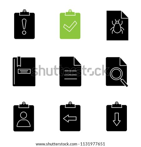 UI/UX glyph icons set. Assignment late, turned in, bug report, notepad, file, find in page, clipboard with left and right arrows, cv. Silhouette symbols. Vector isolated illustration
