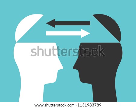 Two open heads silhouettes with arrows exchanging thoughts. Communication, idea, knowledge, teamwork and education concept. Flat design. Vector illustration, no transparency, no gradients