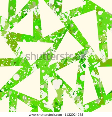 Funky green paint seamless pattern, abstract vector background. Colorful design wallpaper for textile, fabric, wrapping paper. White triangles overlay.