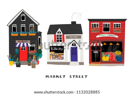 Market street. Bakery, flower and farm shops. Colored vector set. Every building is isolated